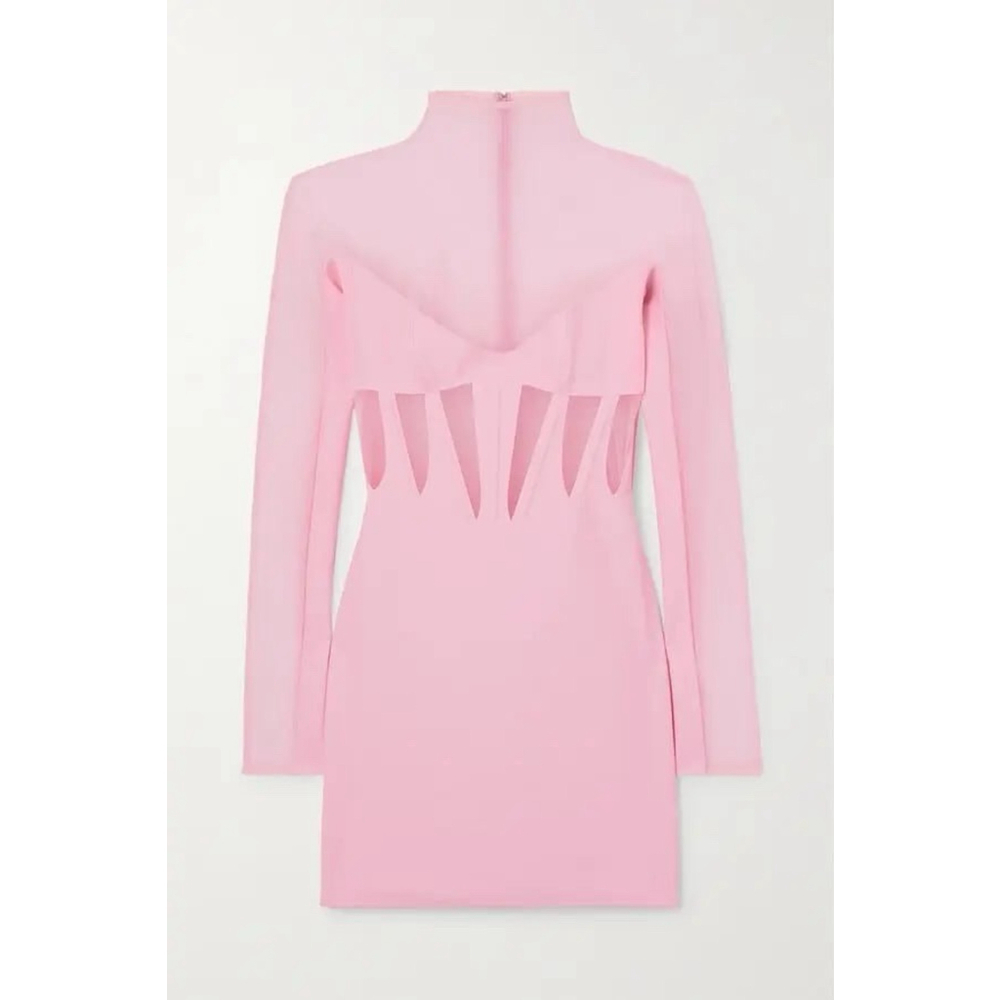 Mugler Tulle-Paneled Stretch-Jersey Mini Dress Pink Women’s Size 40 Us 8 Bodycon